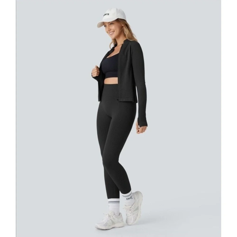 Halara OneForm Seamless Flow Collar Zip Up Jacket Raglan Thumb Hole Black M NWT - Picture 6 of 10